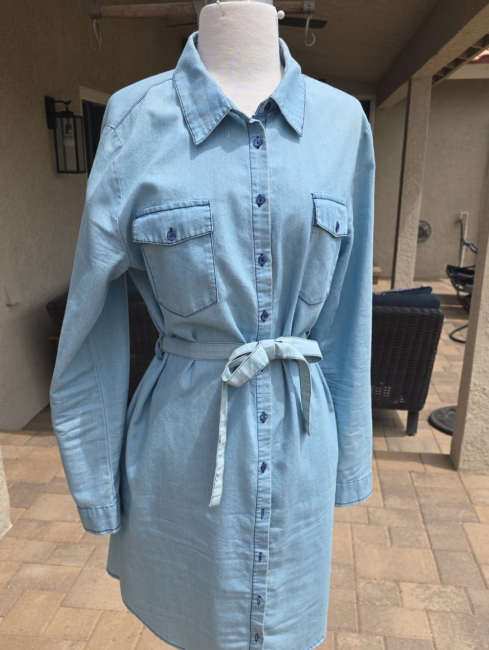 Cavalini Light Blue Button-Up Shirt Dress with Waist Tie